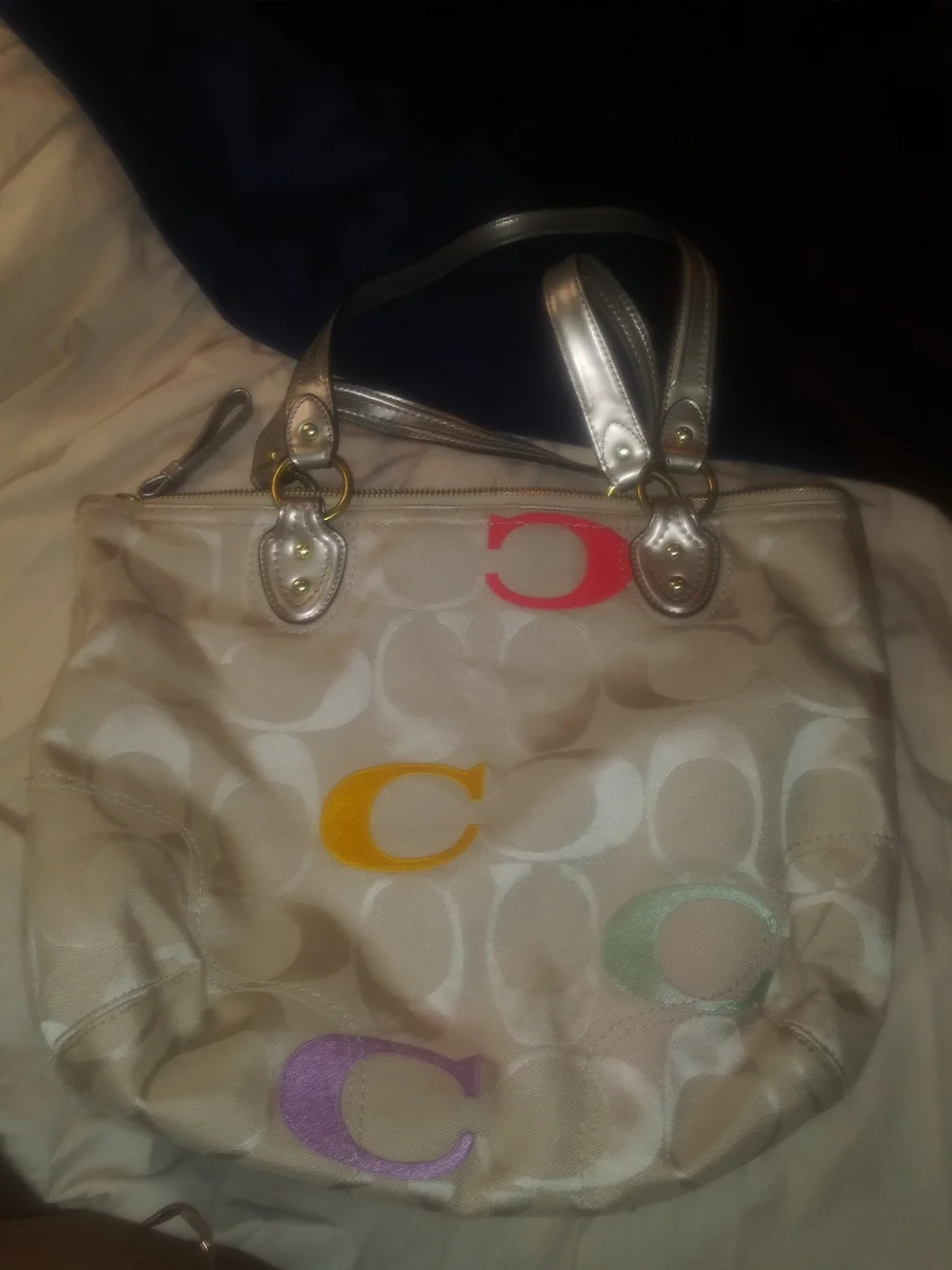 Coach Ivory Signature Canvas Shoulder Bag with Multicolor 'C' Accents
